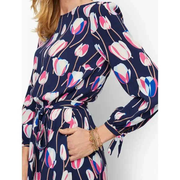 New Talbots Fit & Flare Dress Blue Boat Neck Belted Waist 3/4 Sleeve Sz L New Talbots Fit & Flare Dress Blue Boat Neck Belted Waist 3/4 Sleeve Sz L